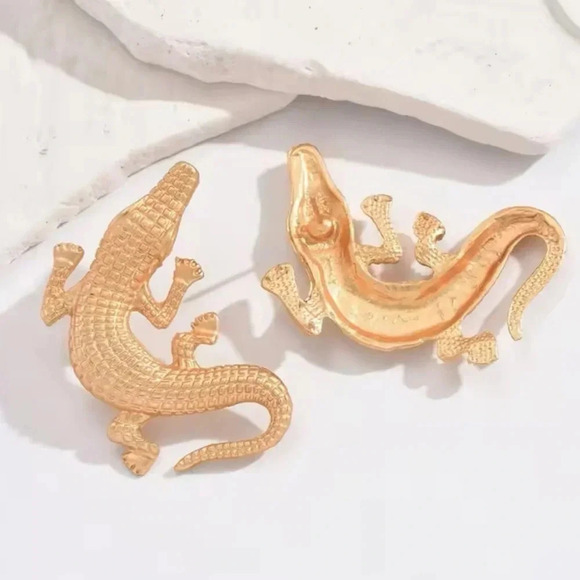 Alligator Gold Textured Statement Earrings - Picture 5 of 16